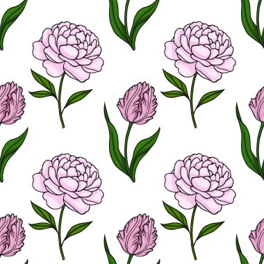 Zarif pembe şakayık ve parlak yeşil yapraklı laleler içeren kusursuz vektör deseni, ilkbahar estetiğini çağrıştırıyor..