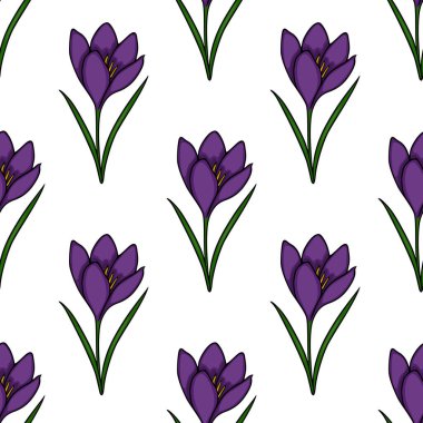 Beyaz arka planda yeşil saplı, biçimlendirilmiş mor renkli timsahların kusursuz vektör deseni dekoratif amaçlar için tekrarlanan bir çiçek motifini sergiliyor..