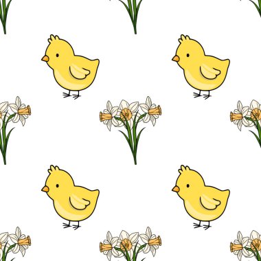 Hoş sarı civcivler ve beyaz nergisler içeren neşeli bir vektör modeli, bahar temalı tasarımlar için mükemmel..