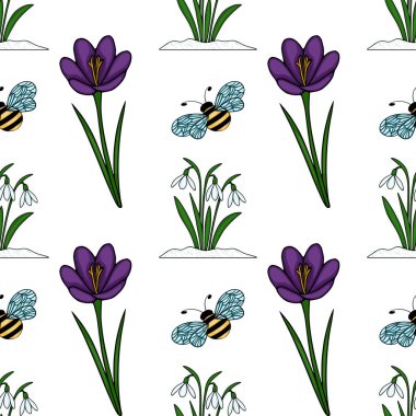 Canlı mor timsahlar, kardan çıkan narin kar damlaları ve temiz beyaz bir arka plana karşı neşeli çizgili arılar içeren büyüleyici, pürüzsüz bir desen..