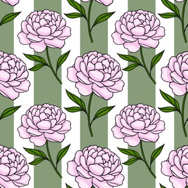 Alternatif beyaz ve adaçayı rengi dikey çizgilerin arka planında yeşil yapraklı kusursuz pembe şakayık deseni var..