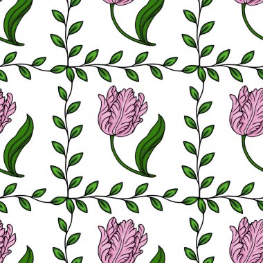 Hassas pembe laleler ve beyaz arka planda yemyeşil yapraklar içeren kusursuz vektör deseni..