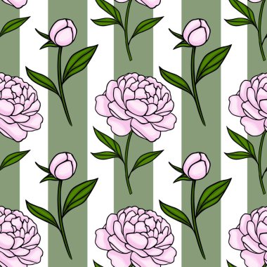 Hassas pembe şakayık ve lale tomurcukları yeşil ve beyaz dikey çizgili vektör deseni romantik ve taze bir botanik çizimi sergiliyor..