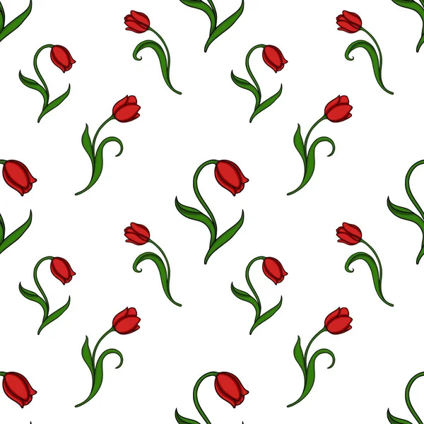 Yeşil saplı ve yapraklı kusursuz kırmızı laleler, bahar çiçekleri temasını çağrıştırıyor..