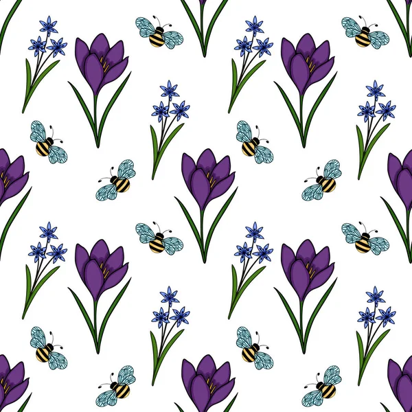 Çiçek açan mor timsahların kusursuz vektör deseni ve şakacı yaban arılarıyla narin mavi scilla çiçekleri ilkbahar büyüsünü çağrıştırıyor..