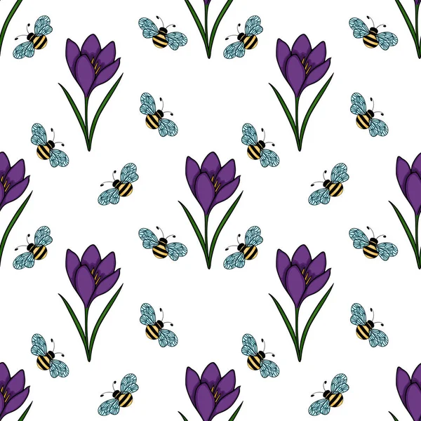 Mor timsahlar ve kaprisli arılar içeren büyüleyici, pürüzsüz bir vektör deseni neşeli bir bahar atmosferini çağrıştırıyor..