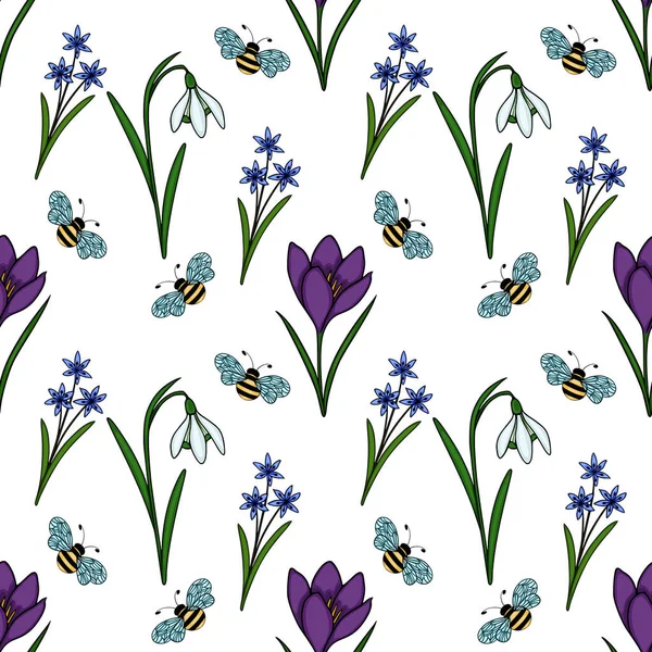 Beyaz bir arka planda, timsahlar, kardamlaları ve scillas gibi bahar çiçeklerinin eşlik ettiği büyüleyici, pürüzsüz bir vektör deseni var..