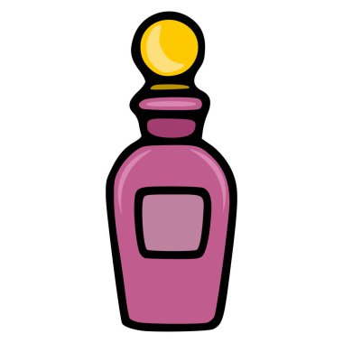 Parlak sarı bir tıpası ve pembe bir vücudu olan, dikdörtgen etiketli, klasik tarzda bir parfüm şişesinin çekici bir temsili..