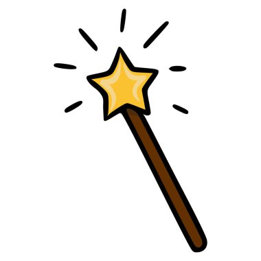 Parlayan altın yıldız sihirli değneğinin tuhaf bir temsili. Parlayan ışık patlamaları temiz beyaz bir arkaplan üzerinde..