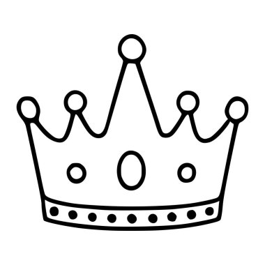 Merkezi bir mücevher ve dekoratif noktalarla biçimlendirilmiş bir tacın basit siyah-beyaz çizimi.