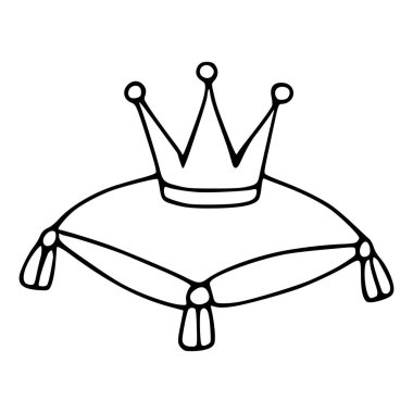 Dekoratif bir yastığın üzerinde duran kraliyet tacının el çizimi tasviri kraliyet ve seremoniyi sembolize ediyor..