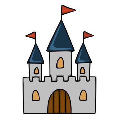 Her birinin üzerinde kırmızı bayrak ve koyu mavi çatı bulunan, kemerli ahşap kapılar ve küçük, kehribar renkli pencereler bulunan üç taretli bir masal kalesinin büyüleyici, basitleştirilmiş vektör çizimi..