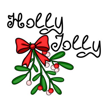 Kırmızı fiyonklu neşeli kutsal ve ökseotu filizinin el çizimi tuhaf bir tasviri. Oyuncu senaryosu 