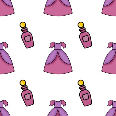 Şirin, çizgi film prensesi elbiseleri ve pembe ve mor tonlarda parfüm şişeleri içeren büyüleyici, pürüzsüz bir vektör deseni. Garip arka planlar için mükemmel..