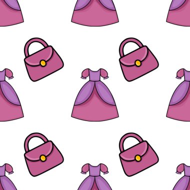 Cazip pembe ve mor prenses elbiseleri ve kadın tasarımları için mükemmel eşleşen el çantaları içeren çekici bir vektör deseni..