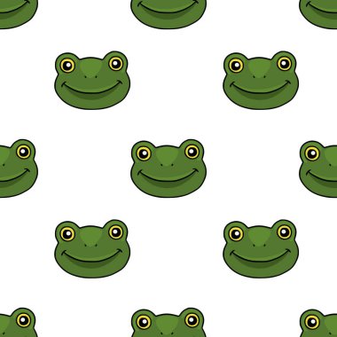 Neşeli yeşil kurbağa yüzleri, büyük sarı halkalı gözleri ve beyaz arka planda gülümseyen ağızları olan kusursuz, tekrarlayan vektör deseni..