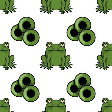 Hoş yeşil kurbağalar ve temiz beyaz arka planda stilize zambak pedleri içeren büyüleyici bir vektör deseni, oyuncu tasarımlar için mükemmel..