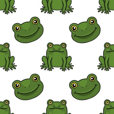 Büyüleyici ve kaprissiz bir vektör deseni, neşeli yeşil kurbağalar, büyük sarı gözlü ve gülümseyen yüzler, temiz beyaz bir arka planda, oyuncu tasarımlar için mükemmel..