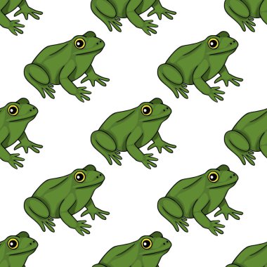 Biçimlendirilmiş yeşil kurbağaların sarı halkalı gözleriyle kusursuz vektör deseni, temiz beyaz arka plana karşı tekrarlanan bir düzende sunulmuştur..