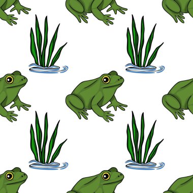 Sudaki yeşil kurbağa ve sazlıkların kusursuz vektör deseni, oyuncu ve doğal çizgi film tarzıyla..