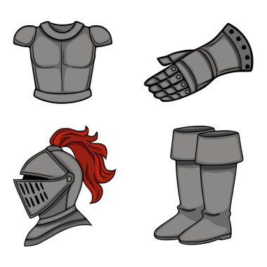 Bir şövalyenin ortaçağ zırhını gösteren detaylı bir vektör çizimi. Göğüs zırhı, zırh eldiveni, kırmızı tüylü miğfer ve beyaz arka planda sunulan çalı çırpı..