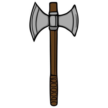 Kahverengi ahşap saplı ve gri metal başlıklı, temiz bir vektör çizimi olarak sunulan stilize edilmiş çift bıçaklı balta..