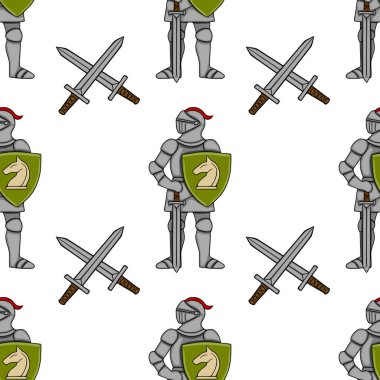 Ortaçağ şövalyelerinin kusursuz, zırhlı ve kalkanları at amblemi ve çapraz kılıçları olan, temiz beyaz bir arkaplan üzerine kurulmuş vektör deseni..