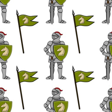 Ortaçağ şövalyelerinin zırhlı, at amblemi ve yeşil bayraklı mızraklı kalkanları olan kusursuz vektör deseni..