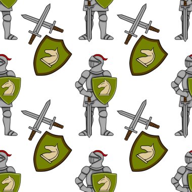 Beyaz bir arka planda, satranç atı amblemleri ve çapraz kılıçlarla kalkan taşıyan, tam zırhlı ortaçağ şövalyelerinin kusursuz vektör deseni..