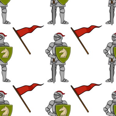 Ortaçağ şövalyelerinin at amblemi ve kırmızı bayrak taşıyan zırhlı kusursuz vektör desenleri..