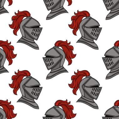 Kırmızı tüylü ortaçağ şövalye miğferleri içeren kusursuz bir vektör deseni. Beyaz arka plana karşı temiz ve grafik bir şekilde yapılmış..