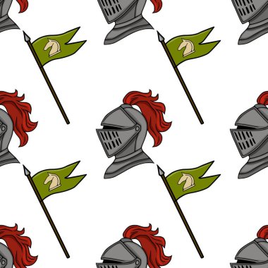 Kırmızı tüylü ortaçağ şövalyesi miğferleri ve beyaz arka planda beyaz bir at amblemi taşıyan yeşil flamalar içeren kusursuz vektör deseni..