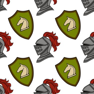 Kırmızı tüylü ortaçağ şövalyesi miğferleri ve beyaz at amblemi taşıyan yeşil kalkanları içeren kusursuz vektör deseni..