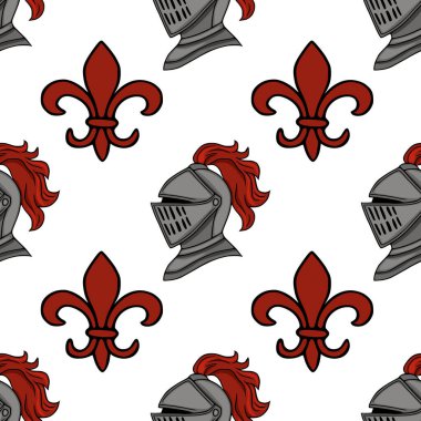 Beyaz arka planda ortaçağ şövalye miğferleri ve kırmızı fleur-de-lis amblemleri olan kusursuz vektör deseni..