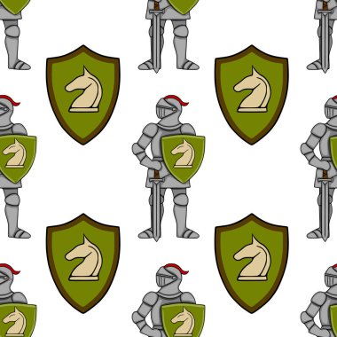 Ortaçağ şövalyelerinin kalkanlarını temiz beyaz bir arkaplana karşı koyan satranç şövalyesi amblemiyle donattığı kusursuz vektör deseni..