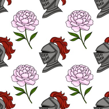 Beyaz arka planda kırmızı tüyleri ve pembe şakayıkları olan ortaçağ şövalye miğferlerinin kusursuz vektör deseni..