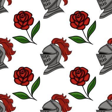 Orta çağ şövalyesi miğferinin kırmızı tüylü ve yeşil yapraklı canlı kırmızı bir gül ve temiz beyaz bir arkaplan üzerine kurulmuş kusursuz bir vektör deseni..