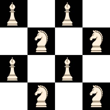 Beyaz satranç filleri ve siyah beyaz kareli arka planda atların olduğu kusursuz vektör deseni..