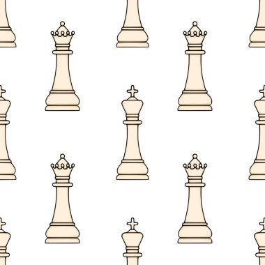 Krem renkli satranç kralları ve kraliçeleri içeren kusursuz vektör deseni. Saf beyaz arka plan üzerinde koyu siyah çizgileri olan, oyun temalı tasarımlar için ideal..