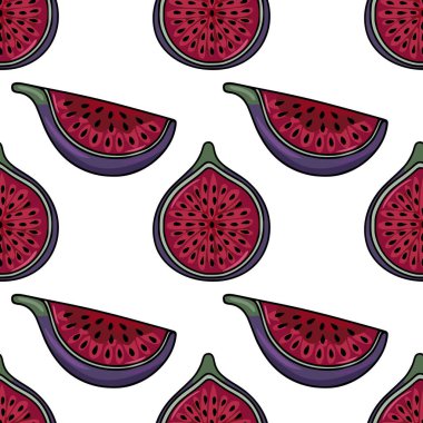 Kusursuz vektör şablonu, dilimlenmiş incirler derin mor deriler ve küçük siyah tohumlarla dolu kırmızı iç kısımlar..