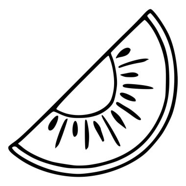 Beyaz arka planda izole edilmiş, görünür tohumlu tek bir dilim kivi meyvesinin sadeleştirilmiş siyah ve beyaz vektör çizimi.