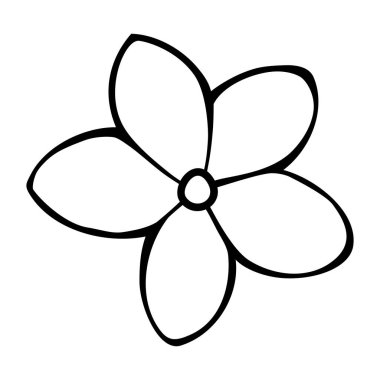 Merkezi çemberli beş yapraklı bir çiçeğin basit bir siyah çizgi sanat vektörü çizimi, beyaz bir arkaplanda izole edilmiş, minimalist ve organik bir estetiği çağrıştırıyor..