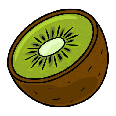 Yarım kivi meyvesi stilize edilmiş bir vektör çizimi, canlı yeşil eti, siyah tohumları ve besinle ilgili tasarımlar için mükemmel beyaz arka planda dokulu kahverengi derisini sergiliyor..
