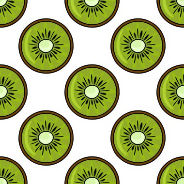 Detaylı çekirdekli canlı kivi dilimlerinin kusursuz vektör deseni ve temiz beyaz arka planda desenli posası..