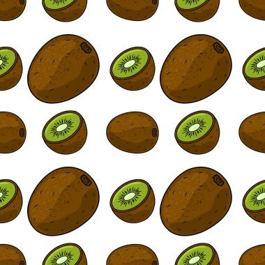 Lezzetli, pürüzsüz bir vektör deseni bütün ve yarım kivi içeren canlı yeşil et ve dokulu kahverengi ten ile besin temalı tasarımlar için mükemmel beyaz bir arka plan..