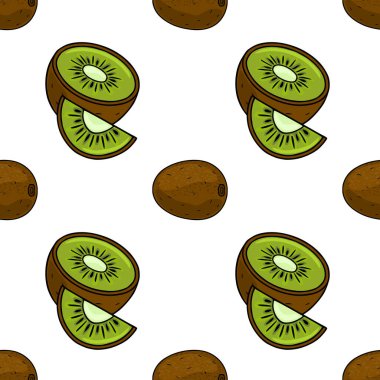 Taze kivi meyveleri içeren, karakteristik yeşil et ve siyah çekirdekleri ile tüm meyveleri ve canlı kesitleri, temiz beyaz ve siyah çekirdeklere karşı sergilenen, hoş, pürüzsüz bir vektör deseni....