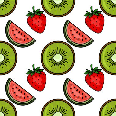 Canlı, stilize edilmiş karpuz ve kivi dilimlerini içeren kusursuz bir vektör deseni var. Temiz beyaz arka planda, çileklerle karıştırılmış..