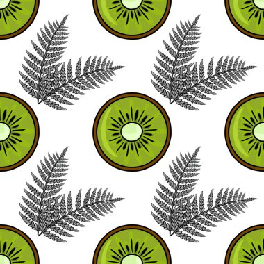 Temiz beyaz bir arkaplanda canlı kivi dilimleri ve narin eğreltiotu yaprakları içeren kusursuz bir vektör deseni..