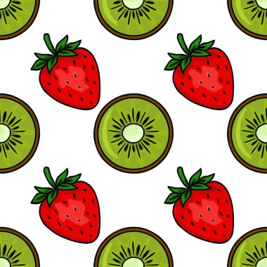 Canlı kırmızı çilekler ve parlak yeşil kivi dilimlerinin kusursuz vektör deseni taze ve sulu bir yaz titreşimi yayıyor..