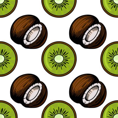 Yarım kivi ve tüm hindistan cevizi içeren kusursuz vektör deseni, oyuncu, el yapımı estetik ve canlı renklerle çizilmiş..